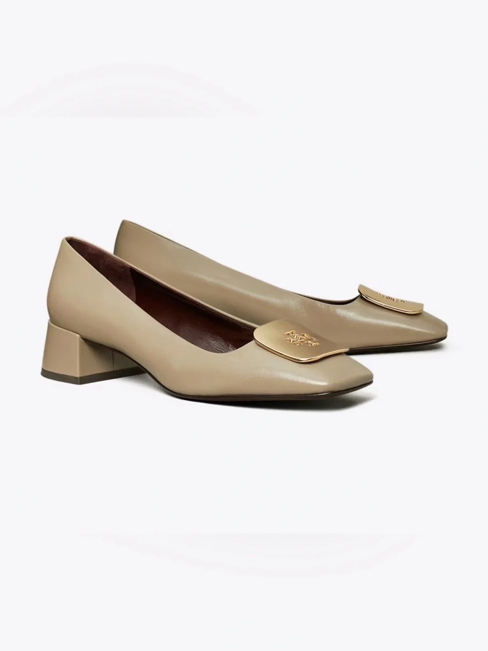 Tory Burch Taupe Leather Georgia Block Heel Flats with Gold Emblem
